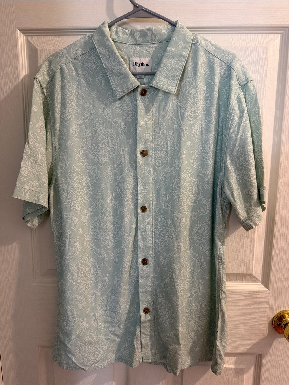 Rhythm. Men's Mint Green Paisley Short-Sleeve Button-Down Linen-blend Shirt